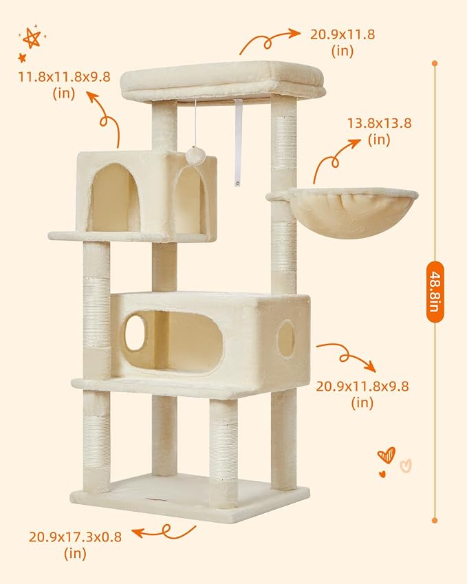 Taoqimiao Cat Tree, 49In Cat Tower for Indoor Cats Large Adult | 2 Luxurious Cat Condos, Thick Padded Top Perch, Adjustable Hanging Baskets, 5 Scratching Sisal Posts, Beige MS029LM