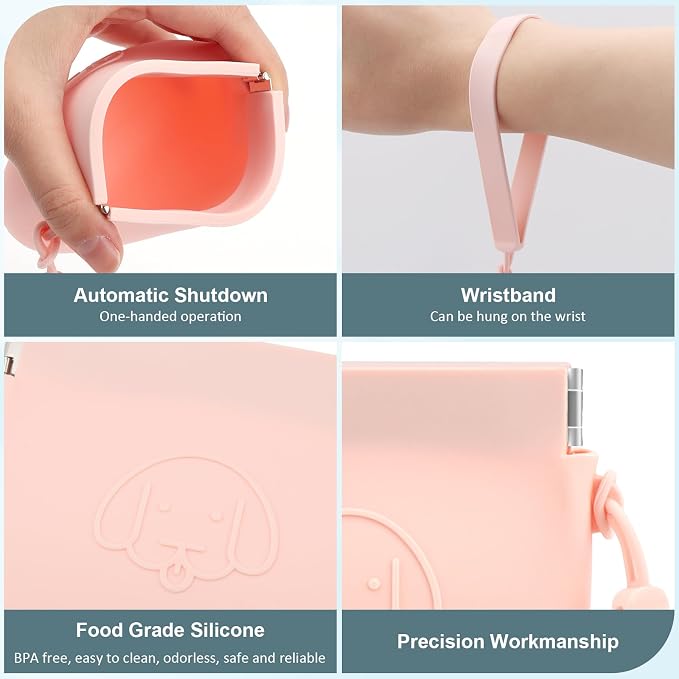 WALLFID Silicone Dog Treat Pouch, Auto Closure, with Pet Training Clicker, Walking Bag for Dog and Cat, Pocket Size, Easy to Clean, Odorless, Travel Bag (Pink)