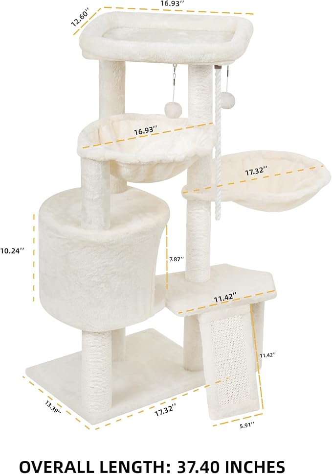 Wang Xin Three Layer Cat Tree with Cat Condo Scratch Pad and Two Hammocks,Beige