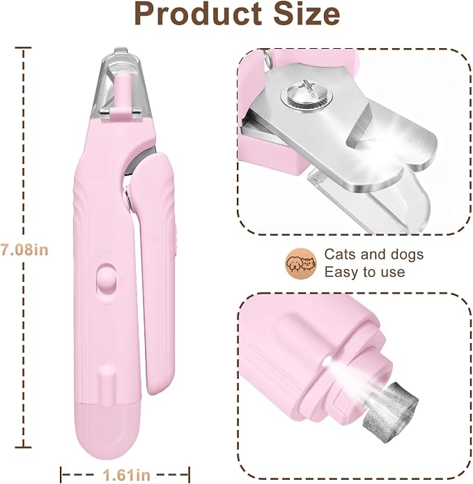 2-in-1 Dog Nail Clippers and Cat Nail Clippers with Light, Quick Sensor and Safety Guard, USB Rechargeable Pet Nail Trimmer with 2 LED Lights for Large Medium Small Dogs and Cats (Pink)