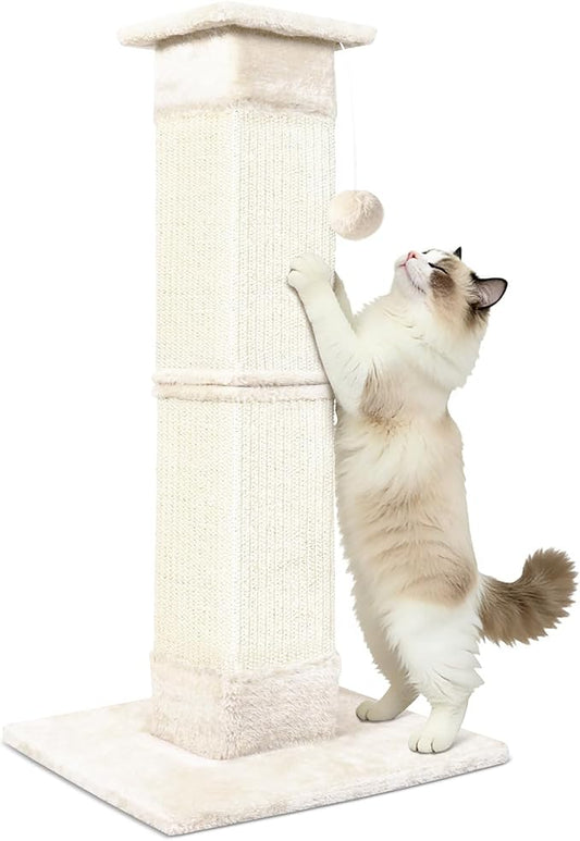 Cat Scratching Post 33 inch for Indoor Cats, Sisal Cat Scratcher, Vertical Posts with Dangling Ball, High Cat Scratch Post, Cat Tree for Full-Body Stretching, Protect Your Furniture, Beige White
