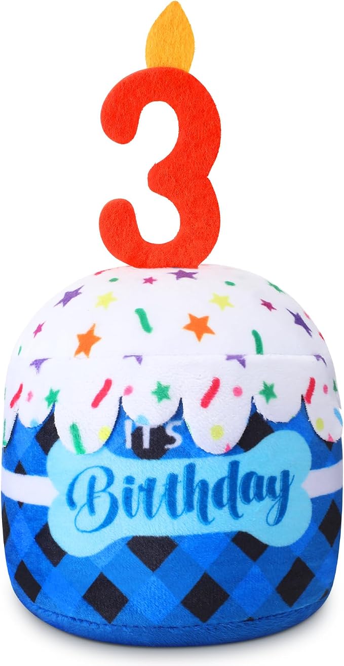 Dansydaisy Dog Birthday Cake Toy Squeaky Plush Toy for Girl Boy Gifts, Chew Accessories for Dog Birthday Party Decor Favor for Large, Medium and Small Dogs(3rd,Blue Grid)