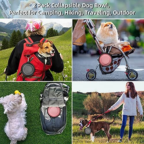 Kytely Large Collapsible Dog Bowls 2 Pack, 34oz Foldable Dog Travel Bowl, Portable Pet Water Food Bowl with Clasp, Pet Cat Feeding Cup Dish for Traveling, Walking, Hiking (Pink+Grey)