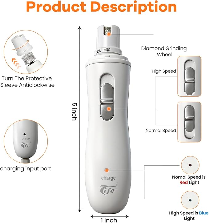 Tife Dog Nail Grinder for Dogs and Cats, Quiet Rechargeable | 2-speed electric pet nail trimmer with 3 grinding ports and diamond head for small dogs, large dogs, puppies and cats