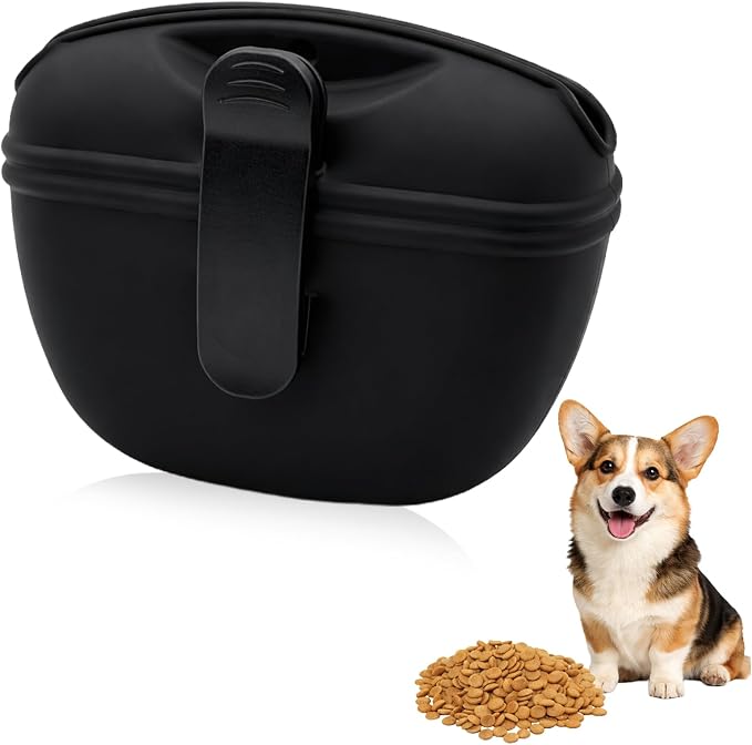 Black Silicone Dog Treat Pouch, Portable Pet Training Snack Bag with Magnetic Closure and Waist Clip for Dog Walking