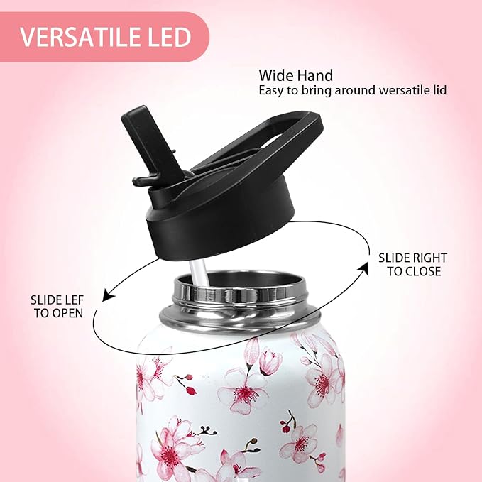 32oz Cherry Blossoms Flip Stainless Insulated Aater Water Bottle with Straw,Pink Cherry Blossoms Floral Gym Hiking Sports Coffee Mug Cup Water Bottles,Cherry Blossoms Decor Stuff Accessories