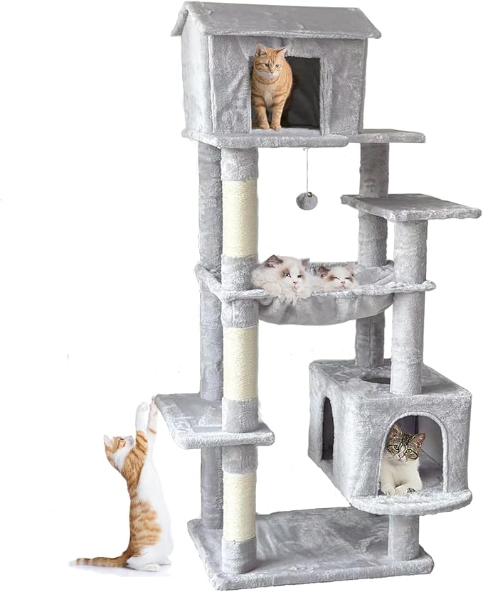 Tall Cat Tree 64 in, Multilevel Cat Tower for Adult Cats, Climbing Tree House and Towers with Condo Hammock Scratching Post Wide Base (Light Gray, 64 in)