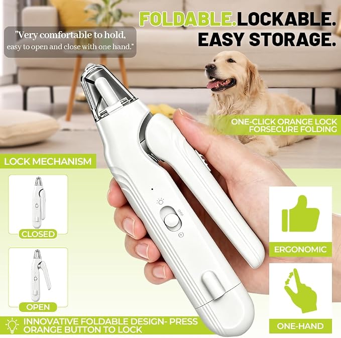 2 in 1 Dog Nail Clippers with Grinder and 2 LED Lights, Safety Lock & Catcher Cap Rechargeable Pet Nail Trimmer for Large Medium Small Dogs & Cats, Dog Nail grinder Quiet, Painless Grooming Tool
