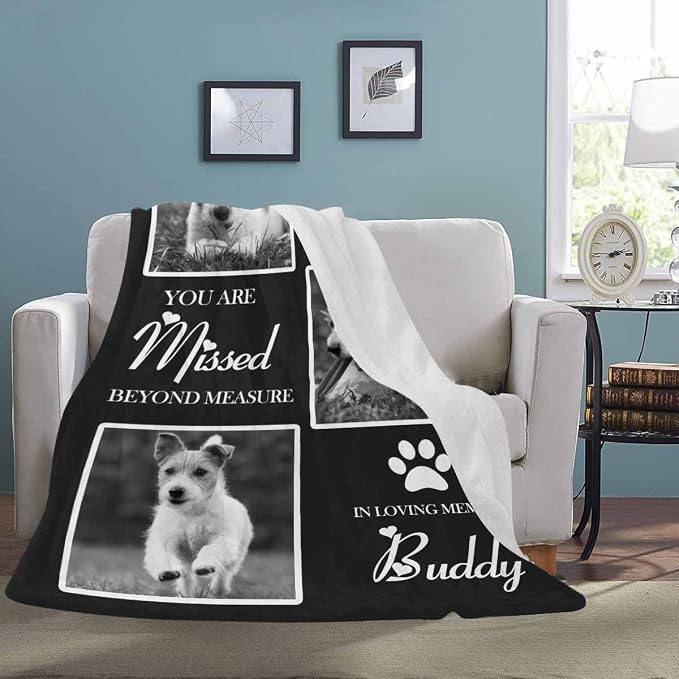 Artsadd Custom Memorial Blanket with Photos and Name-in Loving Memory Gifts Personalized for Loved Ones Lost-Remembrance Blankets for Dogs Cats Pets Lover-Black