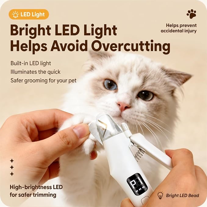 AMYJOY 2-in-1 Cat Nail Clippers & Dog Nail Clippers with Grinder, Pet Nail Trimmer for Small Medium Large Dogs and Cats, Dual LED Lights, 6000 RPM Quiet USB Rechargeable Grinder with Safety Guard