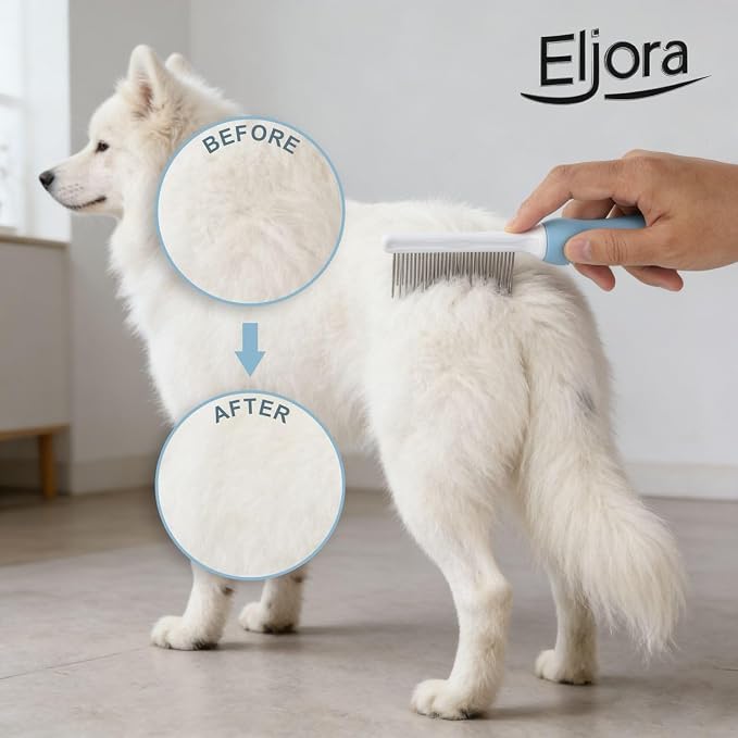 Pet Grooming & Dematting Comb – Stainless Steel Teeth, Non-Slip Grip, Removes Mats & Tangles, Gentle Deshedding Tool for Long & Short Hair Dogs & Cats