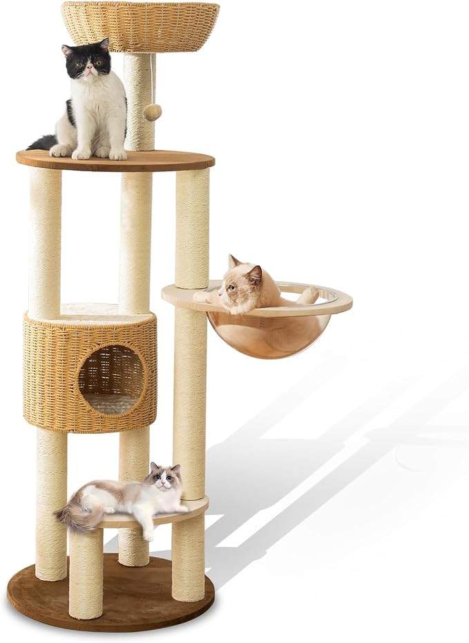 SHODMI 58-Inch Modern Multi-Level Cat Tree Tower for Large Indoor Cats | 8 cm thick sisal posts, semi-enclosed cat condo, clear space capsule, handwoven basket, replaceable plush and cooling mats