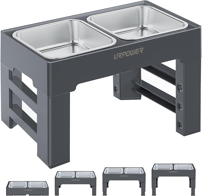 URPOWER Raised Dog Bowls 4 Height Adjustable Elevated Bowl Stand | Stainless Steel Water Bowl Non-Slip Dog Food Bowls Stand for Small Medium Large Dogs and Pets