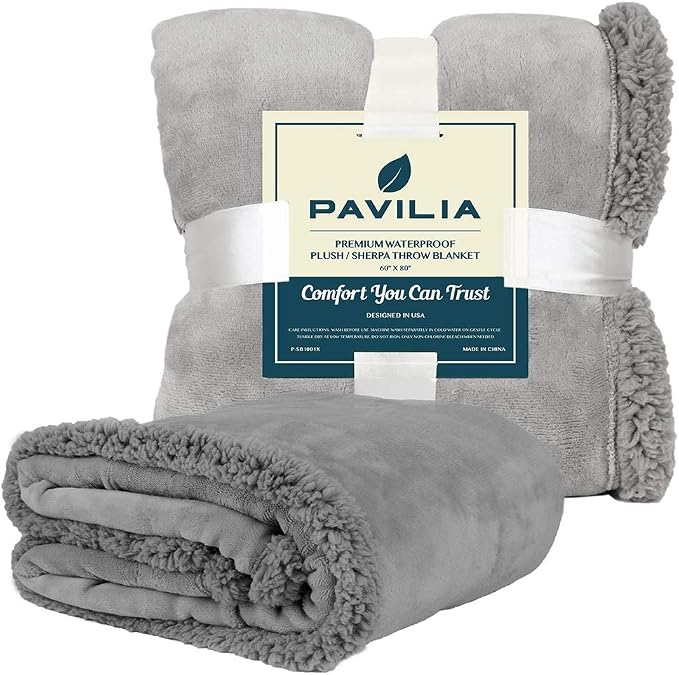 PAVILIA Waterproof Blanket for Couch, Sofa | Waterproof Dog Blanket for Large Dog, Puppy, Cat | Pet Blanket Protector | Plush Soft Warm Fuzzy Sherpa Blanket Bed Throw, Light Grey, 60x80