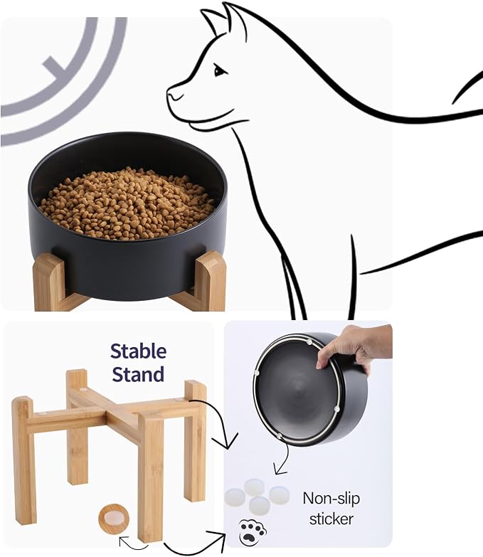 Black Raised/Elevated Ceramic Dog Bowl for Medium Large Sized Breeds,Large Dog Food Water Bowl with Stand,8 in Non Slip Heavy Weighted 1800ml/ 7.6 Cups/60 OZ