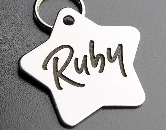 DEEP Engraved Premium Dog & Cat ID Tag – Personalized, Stainless Steel, Long-Lasting Durability - Star 1-1/4"x1-1/4 (2-Side Engraving)