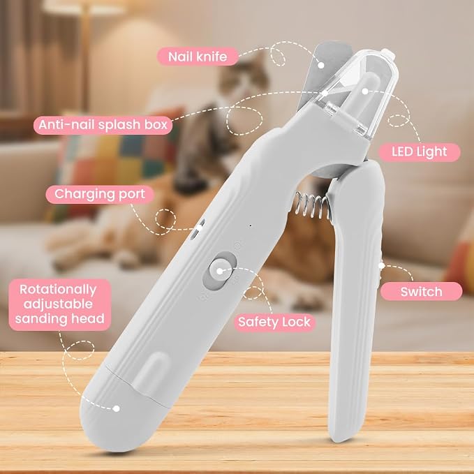 2-in-1 Dog Nail Grinder & Dog Nail Clippers Trimmers, Dogs Trimmer with LED Light + Splash Guard + Storage Case, Pet Claw Clippers for Dogs Cats, USB Rechargeable (White)