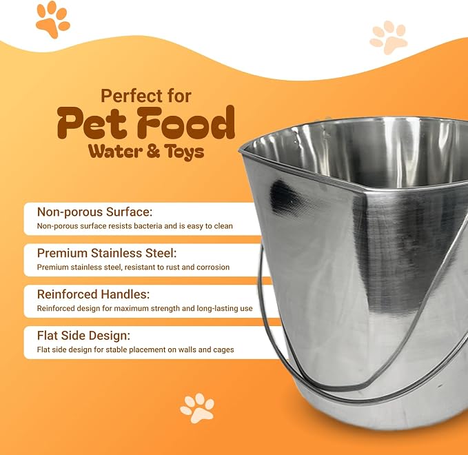 Advance Pet Products 4 Quart Heavy Duty Stainless Steel Flat Side Bucket | Durable Food & Water Pail for Dogs, Cats, Kennels, Cages and Critter Crates | Multi-Purpose Bucket