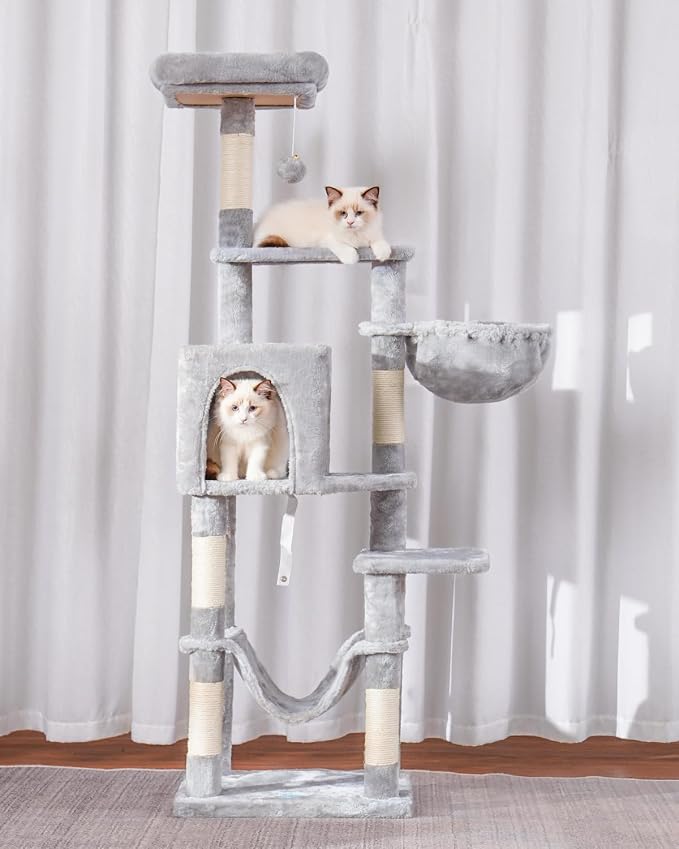 Hey-brother Cat Tree, Multi-Level Sisal Covered Scratching Posts, MPJ050W | 60.6 Inches Tower with Condo, Large Hammock, Top Perch, Toy Ball for Indoor Multi-Cats Households, Light Gray