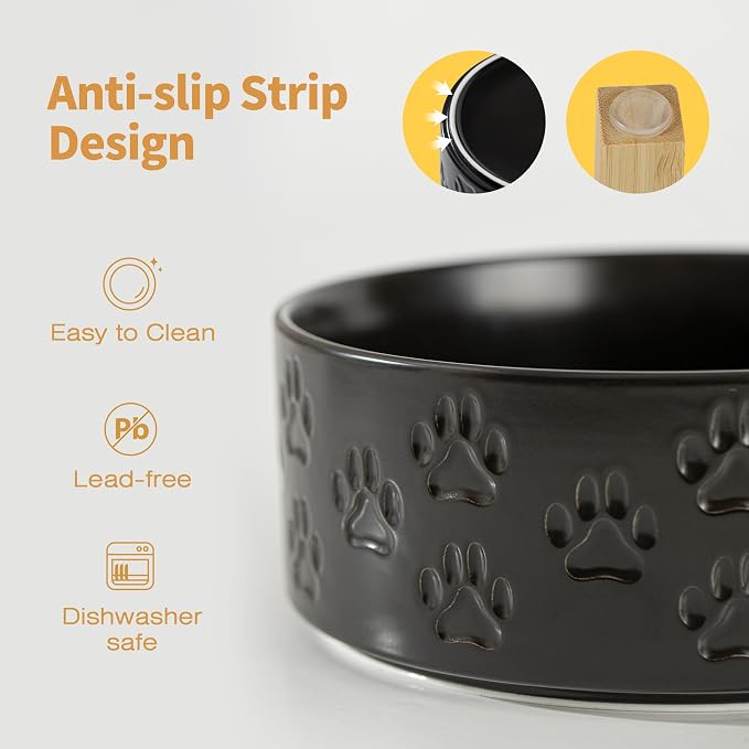 Elevated Ceramic Dog Bowl Set, Anti-Skid Bamboo Stand, Black, 5.1 inch | Food and Water Bowls with Fixed Non-Slip Rubber Ring, Microwave Safe, Easy to Clean, 1.6 Cup per Bowl, for Small-Breed Puppy