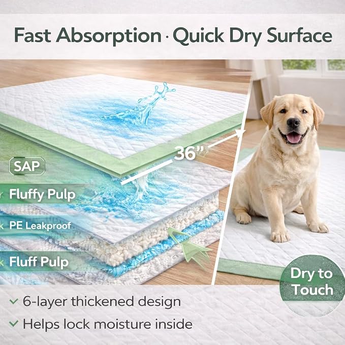 Gimars 4XL 36"x36" Thicken Heavy Absorbency Dog Pad Extra Large- Jumbo Disposable Polymer Quick Dry No Leaking Pee Pads for Dogs, Cats, Rabbits Pets 30 Counts-Green