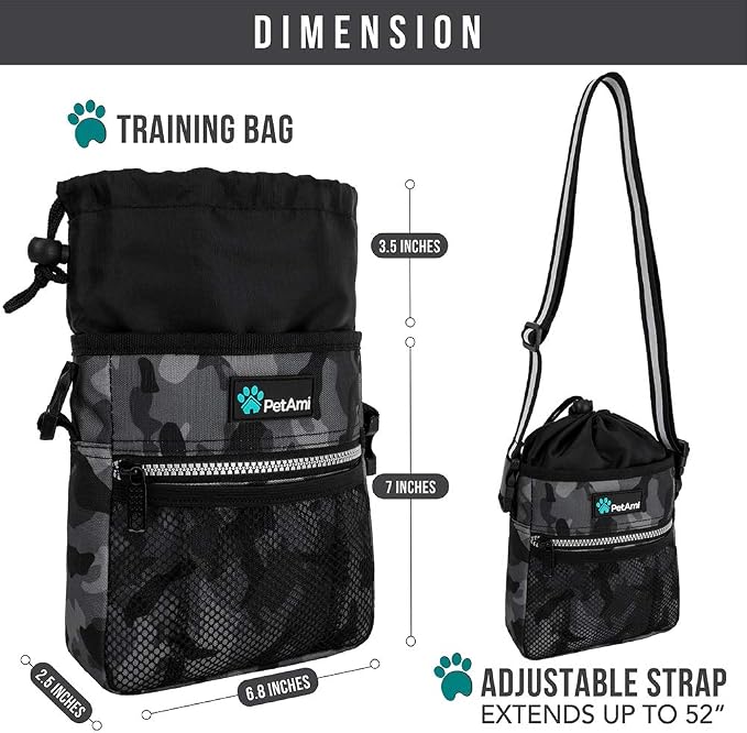 PetAmi Dog Treat Pouch, Pet Treat Pouch for Training, Dog Walking Bag Holder for Kibbles, Pet Food Toy, Dog Trainer Essentials Supplies, Poop Bag Dispenser, 3 Ways to Wear (Camo Black)