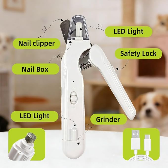 2 in 1 Dog Nail Clippers with Grinder and 2 LED Lights, Safety Lock & Catcher Cap Rechargeable Pet Nail Trimmer for Large Medium Small Dogs & Cats, Dog Nail grinder Quiet, Painless Grooming Tool
