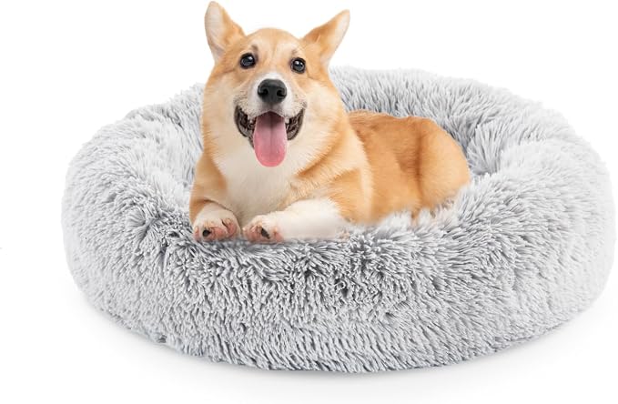 FluffyDream 30 inch Donut Bed - Calming Dog Bed, Plush Washable, Grey
