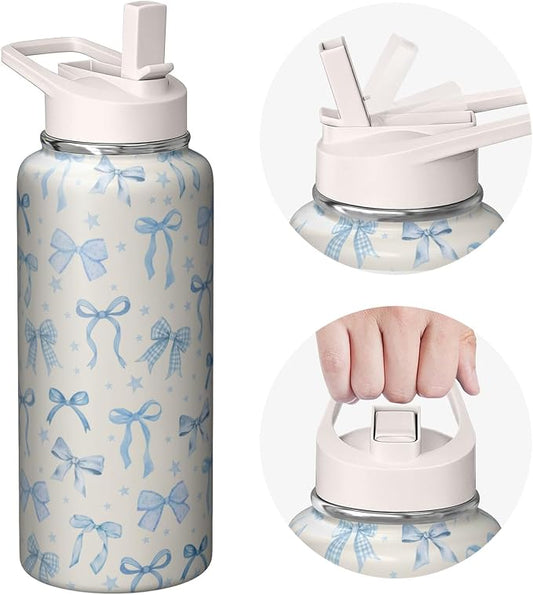 32oz Blue Bow Stainless Insulated Aater Water Bottle with Straw,Bow Gym Hiking Sports Coffee Mug Cup Water Bottles,Bow Gifts for Women,Bow Decor Stuff Accessories