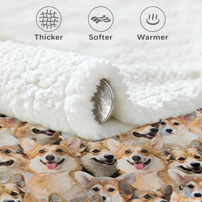BlessLiving Corgi Plush Blanket Throw - Fuzzy Dogs Kids Girls Cute Puppy Fleece Reversible Animal Pattern Sherpa Throw (Twin, 60 x 80 Inches)