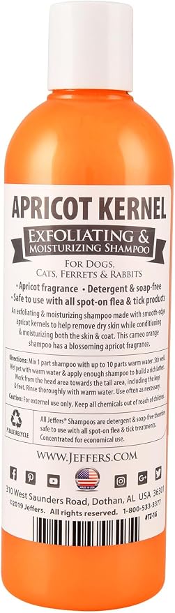 Jeffers Pet Apricot Kernel Exfoliating & Moisturizing Shampoo for Dogs & Cats, 17 oz - Concentrated Coconut Based Formula, Soap Free, Gentle Coat Cleansing, Vitamin Enriched Grooming Care, USA Made