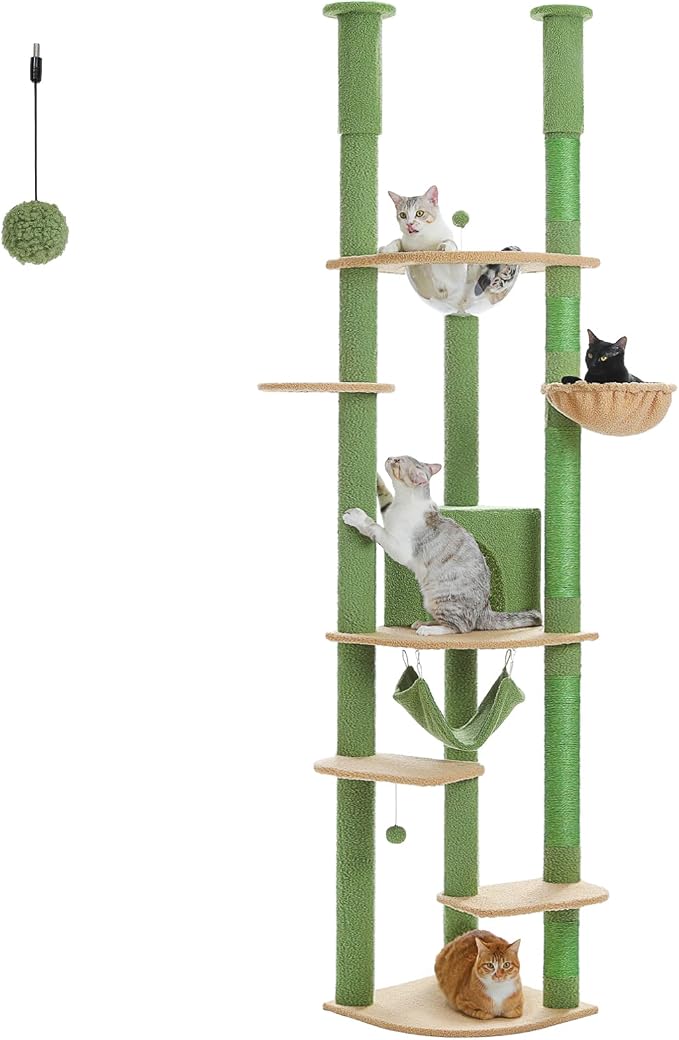 PEQULTI Floor to Ceiling Cat Tree, 92.9-101.6in Adjustable Cat Tower, Green | Adjustable tower braces floor to ceiling; cozy condo, large hammock, perches & 9 sisal posts on fan base with anti-tip strap