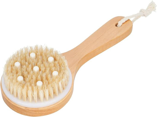 petour Dog Bath Brush Pet Shampoo Handle Bath Brush with Massage Points Dog Grooming/Washing/Massaging Wooden Brush Natural Bristle Dog Brush Removal Loos Hair for Cats Dogs, Beige
