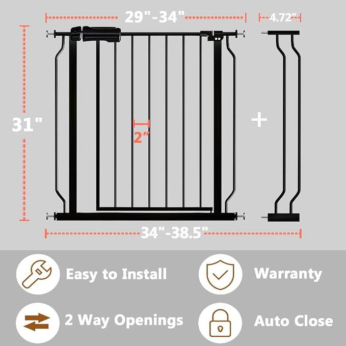 Fairy Baby Walk Through Baby Gate 34-38.5 Inch Wide for Stairs, Pressure Mounted Safety Gate with Door No Drill, Tension Metal Gate for Dog and Toddler, Black