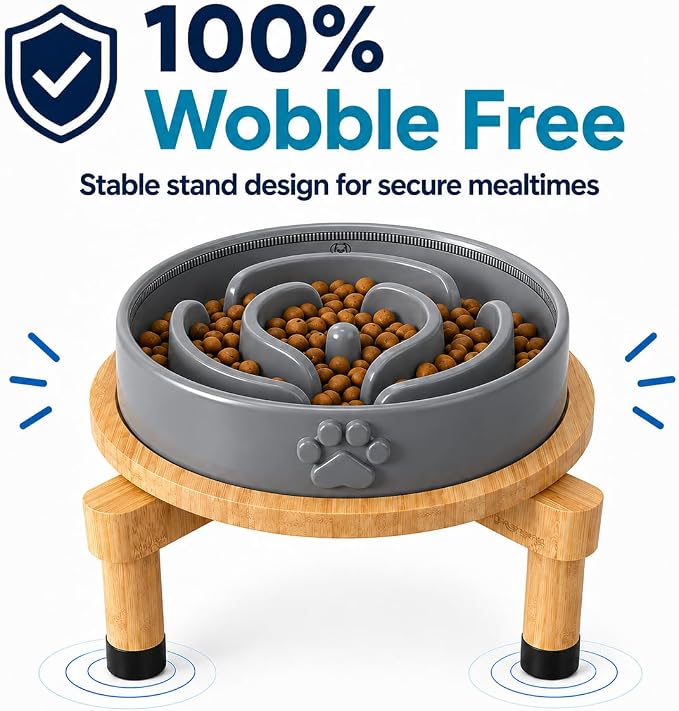 Slow Feeder Dog Bowls – Elevated Dog Bowl Slow Feeder with Bamboo Stand– Microwaveable Dog Slow Feeder for Small and Medium Dogs – Lead and BPA-Free Ceramic Pet Bowl – Pet Feeder for Fast Eaters