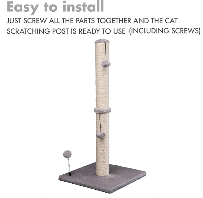 MECOOL 34“ Tall Cat Scratching Post Premium Basics Kitten Scratcher Sisal Scratch Posts Trees with Hanging Ball for Indoor Cats, Gray