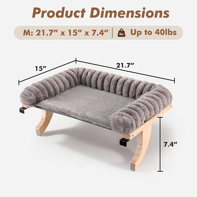 Cloud-Soft Cat Window Sill Perch, Zipper Design Cushion Pet Bed, M | Solid Wood & Sturdy Metal Frame, Machine Washable, Unobstructed Front View, Panoramic and Roomy Cat Hammock for Large Cats