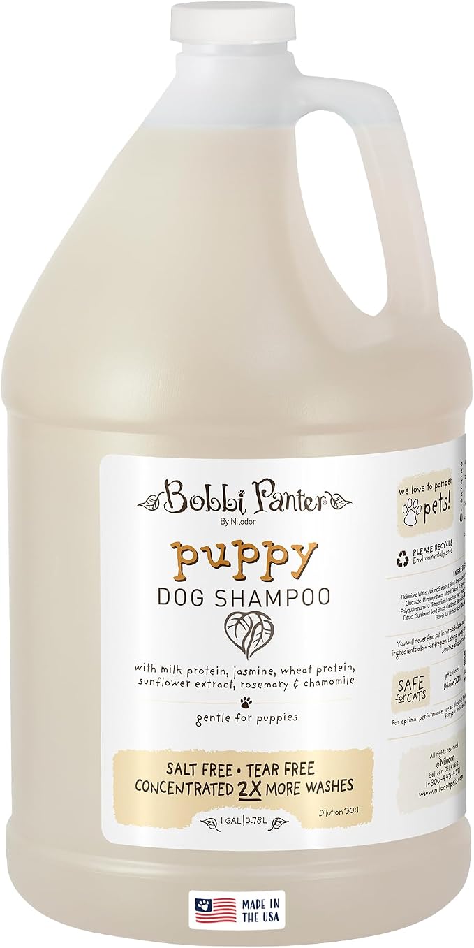Bobbi Panter Puppy Dog Shampoo Milk Protein, Jasmine, Sunflower & Chamomile – Gentle Nourishing Formula for Puppies & Sensitive Skin, Tear-Free, 30:1 Concentrate, Made in USA, 1 Gallon