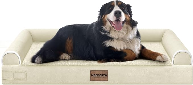 NANUYA Orthopedic Dog Bed for Jumbo Dogs, 53 x 42 Inch, Beige | Egg crate foam for joint support, 3-sided bolster pet sofa, waterproof lining, washable cover, and non-skid base