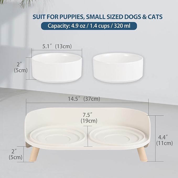 Raised Cat Food and Water Bowl Set - Elevated Ceramic Dishes with Non-Slip Stand and Splash Guard for Small Dogs - 2 x 320 ML (4.9 OZ) - White