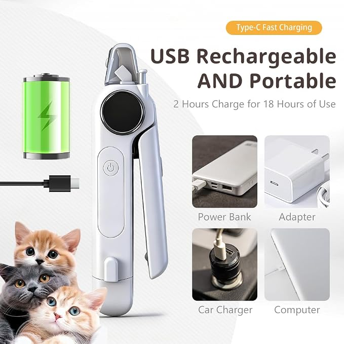 Dog Nail Grinder & Clipper - Rechargeable, Quiet | Rechargeable with LED light. Safe, painless filing for dogs, cats & puppies. Quiet motor. Professional tool（White）