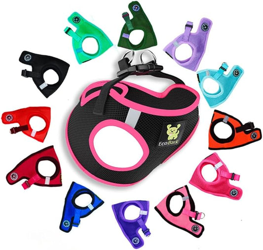 EcoBark Teacup Dog Harness - Luxury Step in Dog Harness in Black & Pink - Soft & Secure Body Halter Vest - Reflective Halter Vest