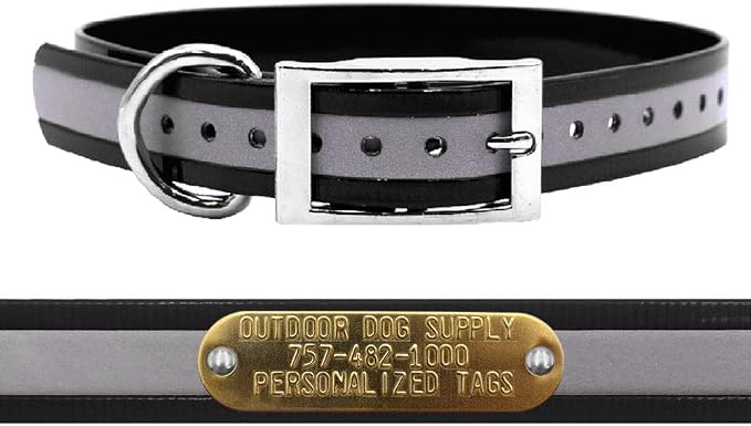Outdoor Dog Supply 1" Heavy Duty Reflective Waterproof D-Ring Dog Collar for Medium & Large Dogs with 3/4" Custom Brass Nameplate (Reflective Black, 18")
