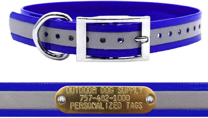 Outdoor Dog Supply 1" Heavy Duty Reflective Waterproof D-Ring Dog Collar for Medium & Large Dogs with 3/4" Custom Brass Nameplate (Reflective Dark Blue, 21")