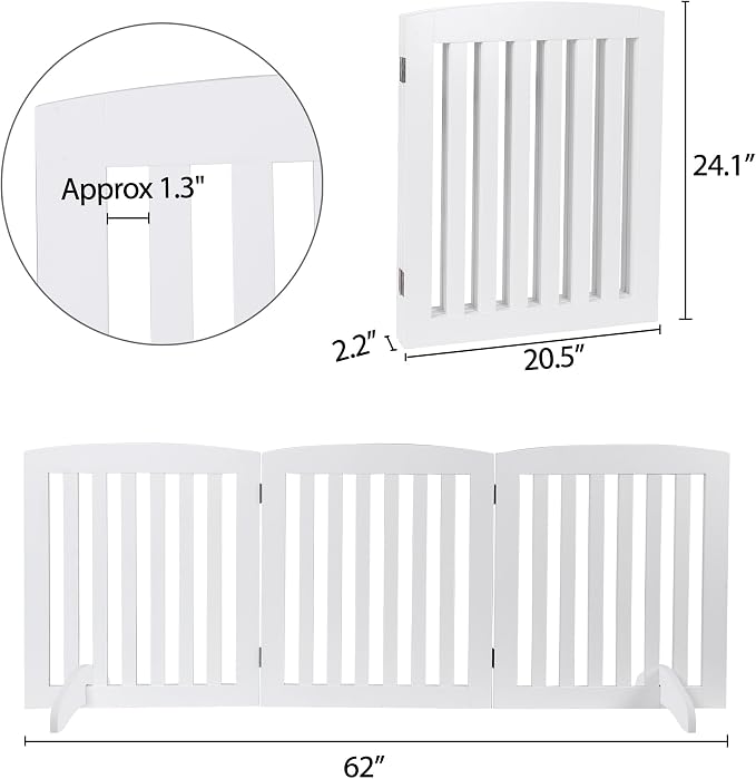 Dog Gate 61 x 24 Inch Freestanding Indoor Pet Door for House Doorways Stairs Halls, Foldable Wood Safety Fence 3 Panels, White