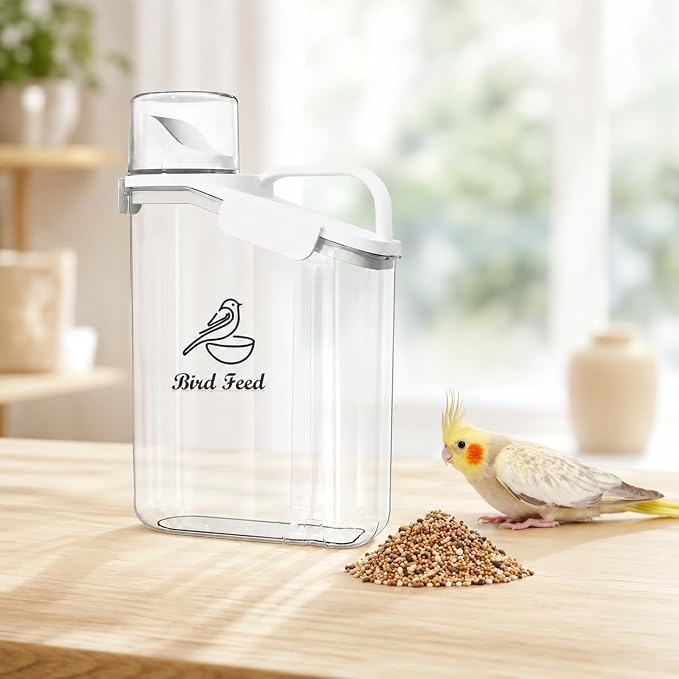 Bird Seed Storage Container,2.8L Airtight Bird Food Container with Handle and Measuring Cup,Portable Pet Food Container for Wild Bird Sunflower Seed-BPA Free Transparent/White
