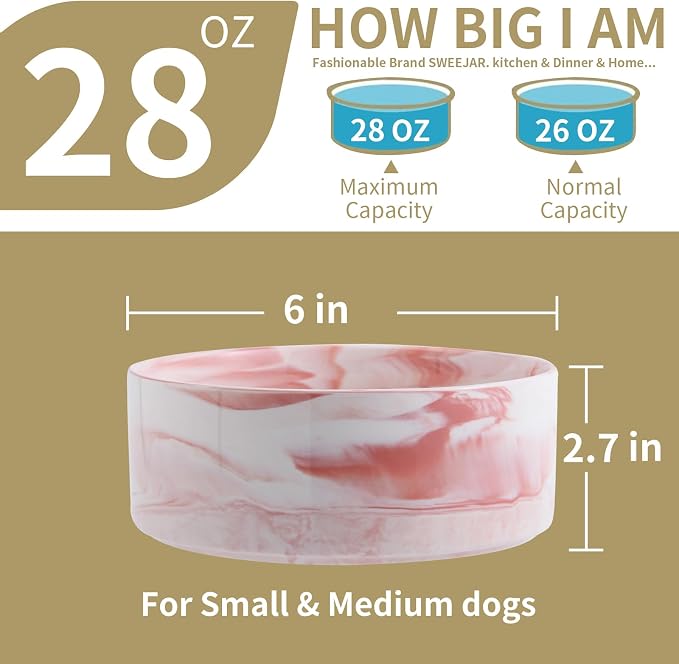 Raised/Elevated Ceramic Dog Bowl for Small Medium Sized Breeds,Dog Food Water Bowl with Stand,6 in Non Slip Heavy Pet Feeding Dish 3.6 Cups/ 850 ml /28 OZ Marble Pink