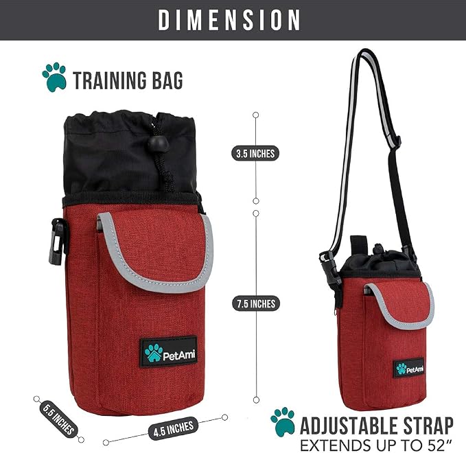PetAmi Dog Treat Pouch, Large Hands-Free Training Bag, Red | Built-In Poop Bag Dispenser, Holds 3 Cups Of Treats, 4 Ways to Wear, D-Ring, Reflective Strap, Dog Treat Bag for Walking
