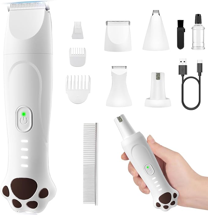 4-in-1 Dog Clippers for Grooming Kit - 45dB Quiet 150-Min Run Non-Slip Grip | Cordless Rechargeable IPX7 Waterproof Hair Paw Trimmer & Nail Grinder Pet Shaver at Home Razor for Dog & Cat, White Veeconn