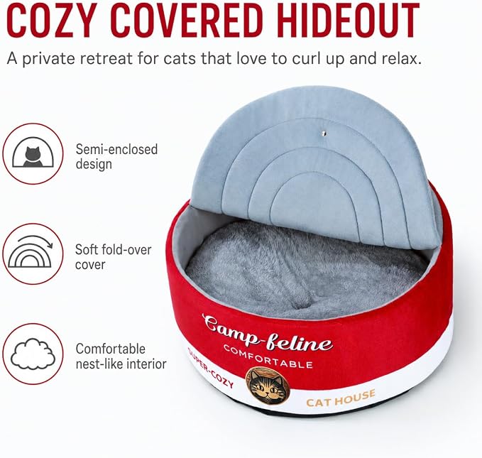 PECHVINO Can-Shaped Cat Bed – Ramen Bowl Cat Bed with Cover | Cute Enclosed Bed with Ultra-Soft Cushion, Private & Cozy Design for Cats & Small Dogs